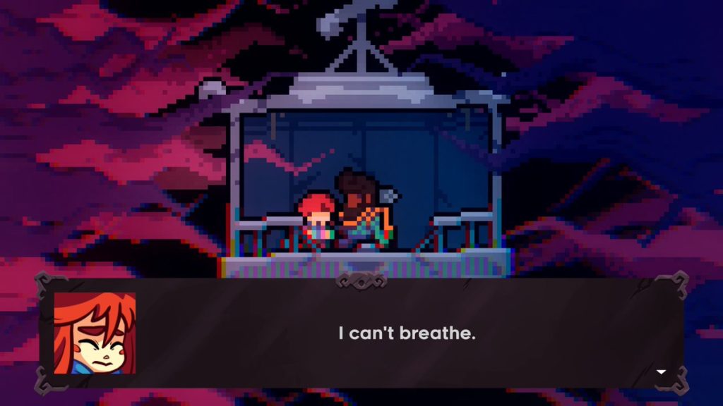 image from celeste, showing two characters on a lift surrounded by dark tendrils. Madeline has a text box reading "I can't breathe."