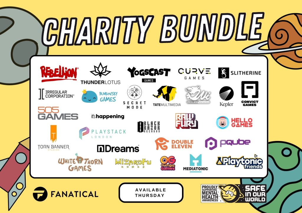 ALT: ‘Charity Bundle’ is written in black/white letters at the top of a portrait oriented image made to look like a festival line up. The background is yellow with illustrated planets, a moon and a rocket. There is a white box with ‘Available now at fanatical.com’ In the centre is a white box with the logos of all the companies taking part as Bundle Partners