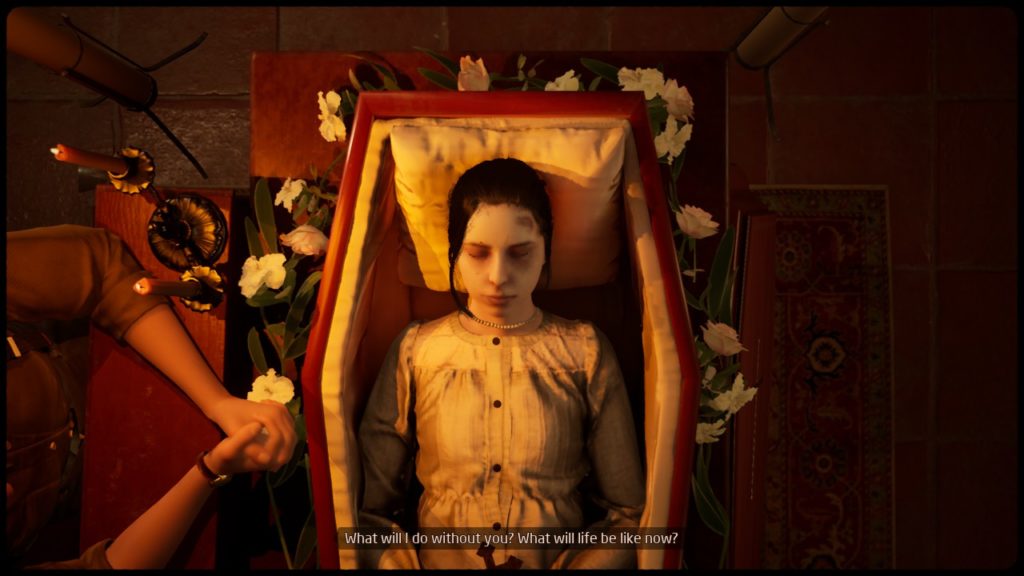screenshot from the game: a girl lies in an open coffin surrounded by flowers