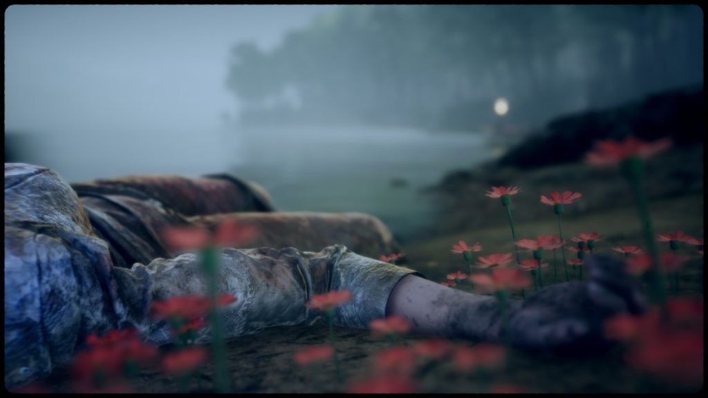 screenshot from the game: a body lying on the bank of a water bank lays in the flowers just out of shot