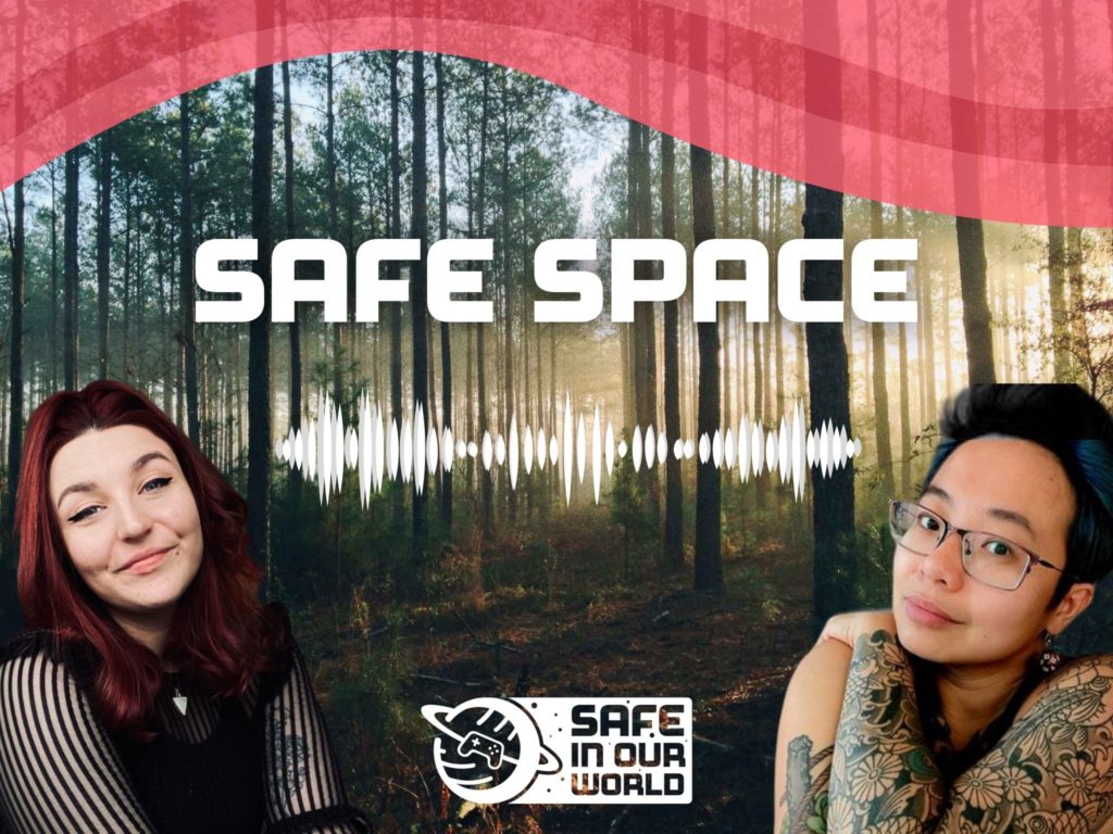 There are two people in the foreground (Rosie and Paula), between them is a Audio waveform graphic in white and the text 'Safe Space', with a white siow logo at the bottom. There is a forest with light flickering through the trees in the background and a SIOW Pink wave shape at the top.