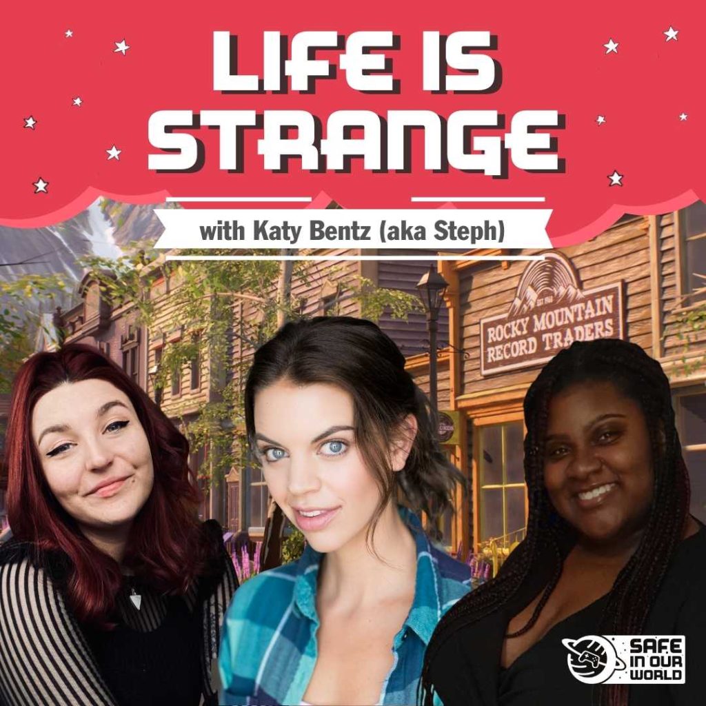 Rosie, Katy and Mikayla are in the foreground on a backdrop of Haven Springs; there are trees, mountains, and a record store