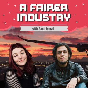 Title: "A Fairer Industry with Rami Ismail" Pictures of Rosie Taylor and Rami Ismail against background of plane flying above a city landscape at sunset.