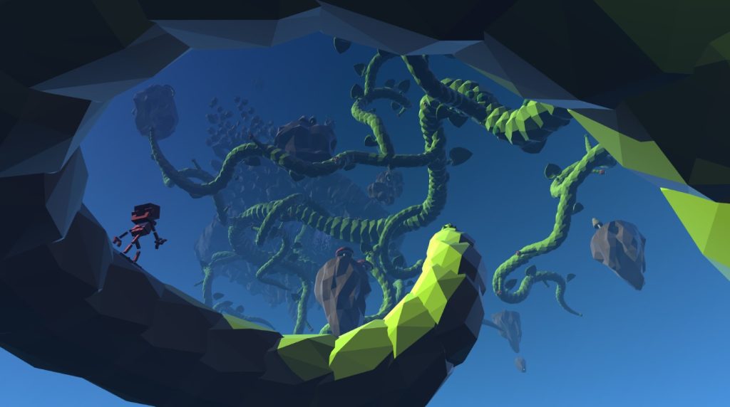 image from Grow Home, with BUD looking up across a vast plant growing into the sky