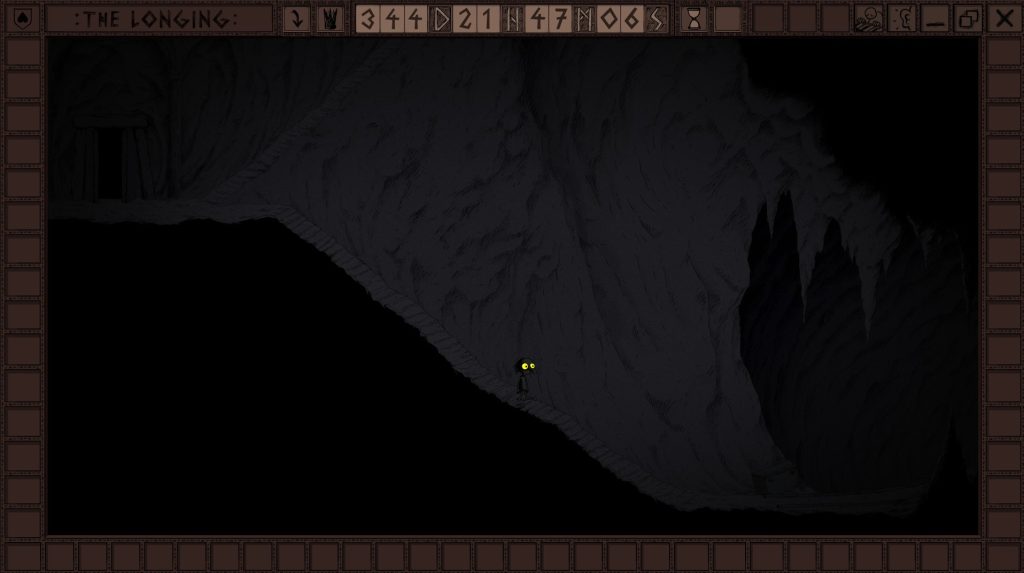 a dark staircase with a character with bright green eyes walking down in a cave.