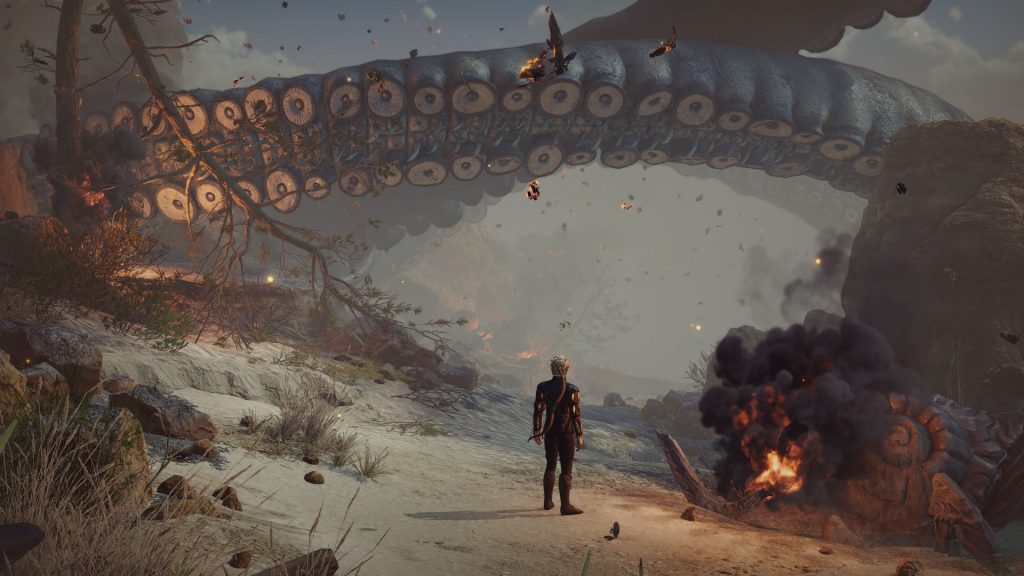 baldur's gate 3 - character stood on a burning beach/environment with huge tentacles