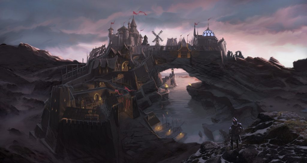 official artwork from Skyrim Press Kit - a knight looks over at a castle settlement on a rocky landscape, with pale pink clouds and a river running beneath it.