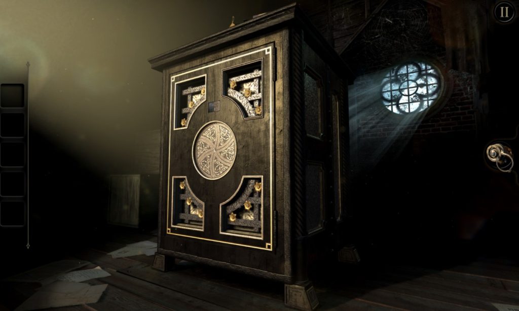 A large wardrobe shaped puzzle in a dark room from 'The Room' 