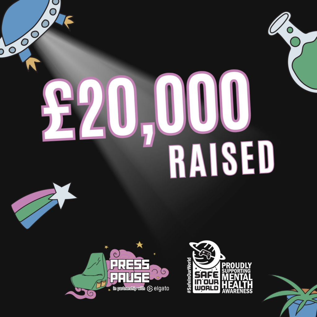 a square image with the press pause and safe in our world logos, and in large text reads '£20,000 raised' 