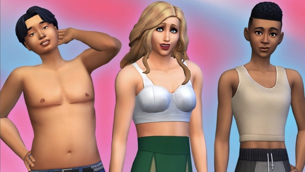 Sims 4 character customisation showcasing new trans representation features.