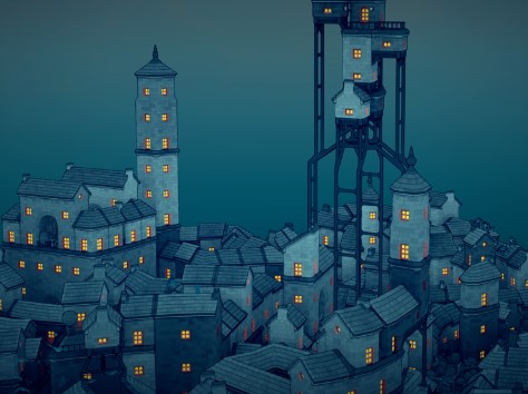 A cartoon illustrated-looking town lit up at night