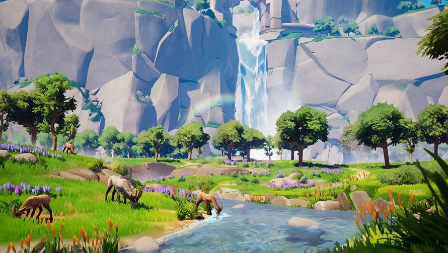 A beautiful river/mountain grassland with deer and gazelles grazing. There is a waterfall in the background,