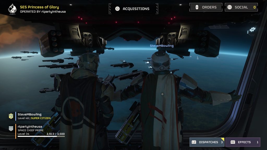 a screenshot from Helldivers II, showing two players looking out on the ship front, looking at a planet's horizon and other spaceships scattered in front of them.