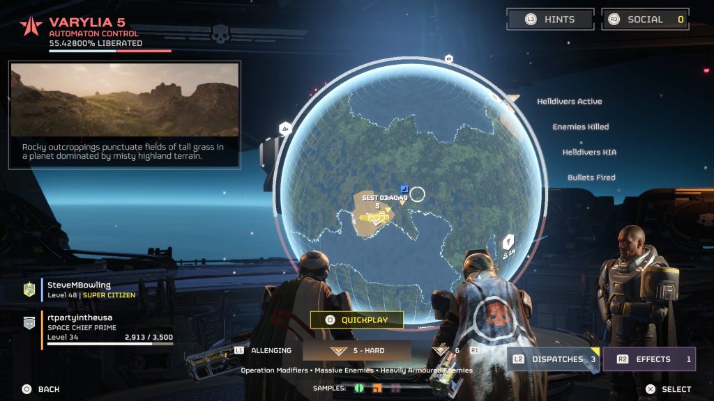 a screenshot from Helldivers II, showing two players looking at a ship map interface 