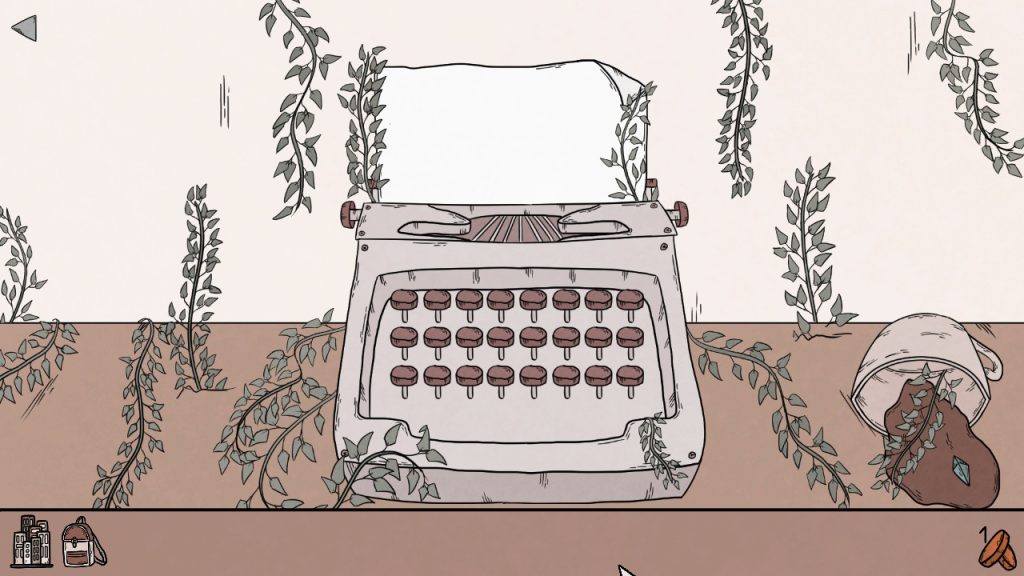 an illustrated typewriter surrounding with vines across a desk. There is a spilt coffee cup to the right of the typewriter.