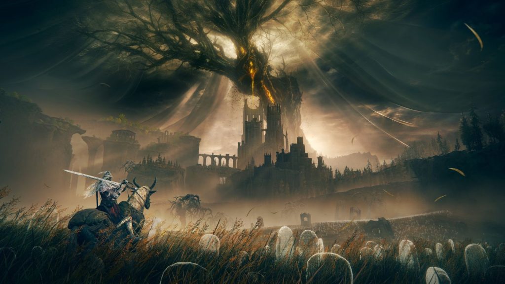 image from Elden ring showing the player looking across a dramatic landscape of bridges, towers and buildings, with an apocalyptic style tree in the centre, with clouds and light shining around it.