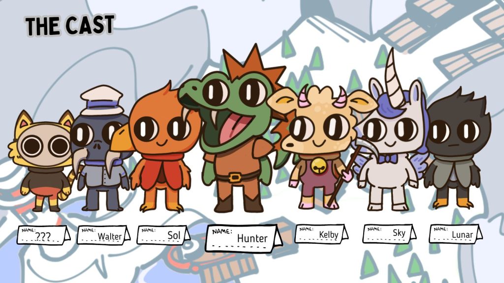 A series of characters from Meet Mountain including a dragon, phoenixes, a goat, a walrus and pegasus