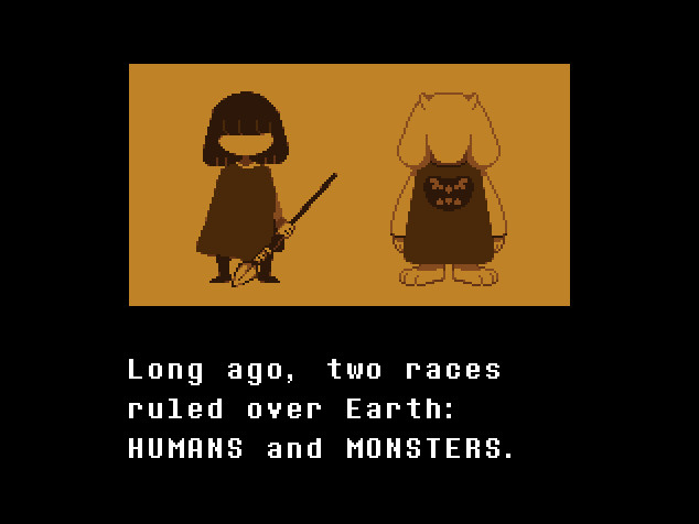 A screenshot from Undertale's start up screen, showing two characters stood on a yellow/gold background, with text below reading 'Long ago, two races ruled over the Earth: HUMANS and MONSTERS.'