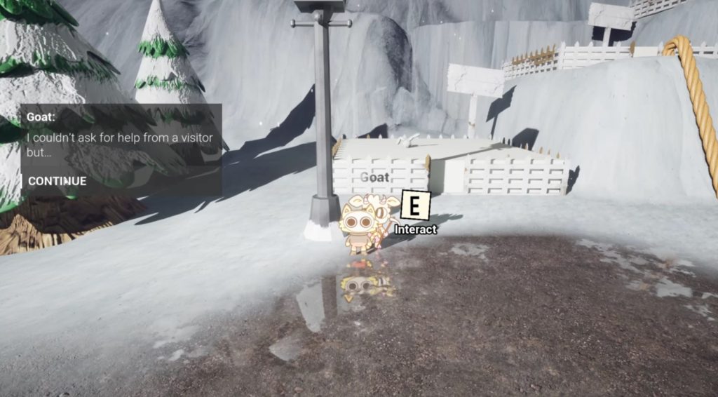 a screenshot of the player talking to the Goat in Meet Mountain, where the Goat is saying "I couldn't ask for help from a visitor but..."