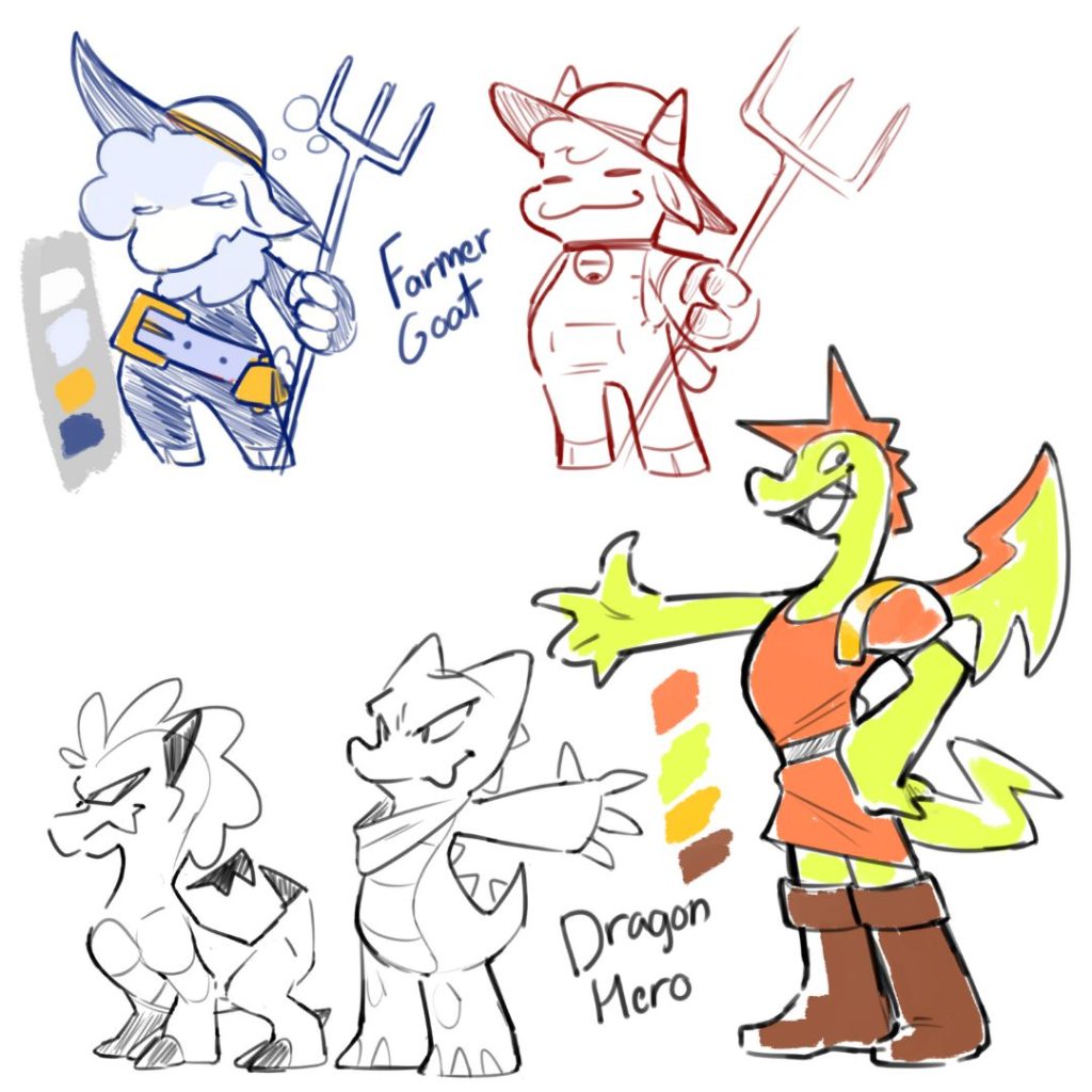 sketches of the goat and dragon from Meet Mountain