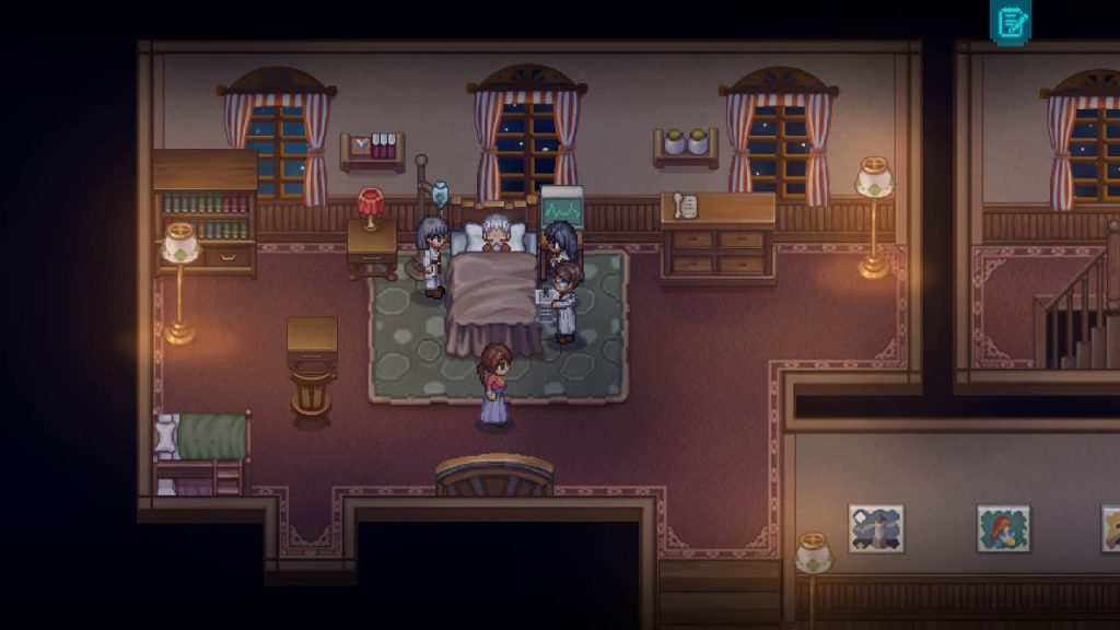 a screenshot from To the Moon, showing three doctors around Johnny's bed in his room