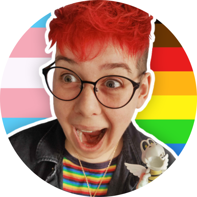 A photo of Em smiling with their mouth open with a pride flag behind them