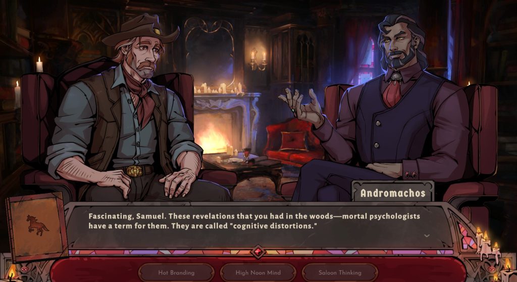 A screenshot from the game, showing Andromachos saying to Samuel in a cosy living room with gothic decor "Fascinating, Samuel. These revelations that you had in the woods - mortal psychologists have a term for them. They are called "cognitive distortions".