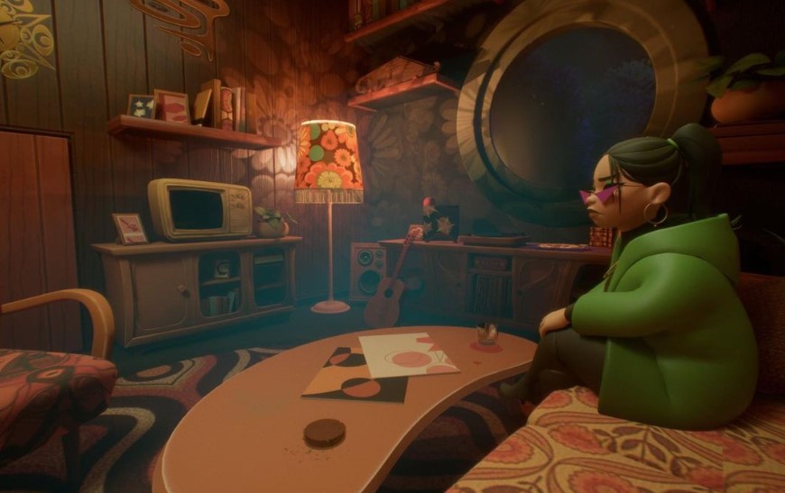 a screenshot from Mystiques Antiques, shwoing a femme character in sunglasses sat in a funky decorated room, with a flowery lamp, guitar, TV and coffee table, with various books and clutter around the room.