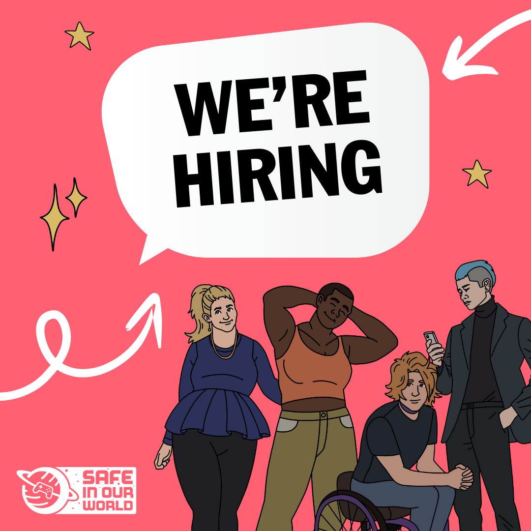 "We're hiring!" in a speech bubble above four illustrated characters. The speech bubble has arrows pointing to it and stars around it.