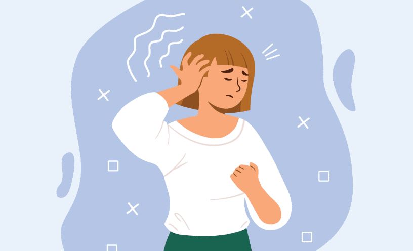 cartoon illustration of someone clutching their ear, with sound waves radiating from it