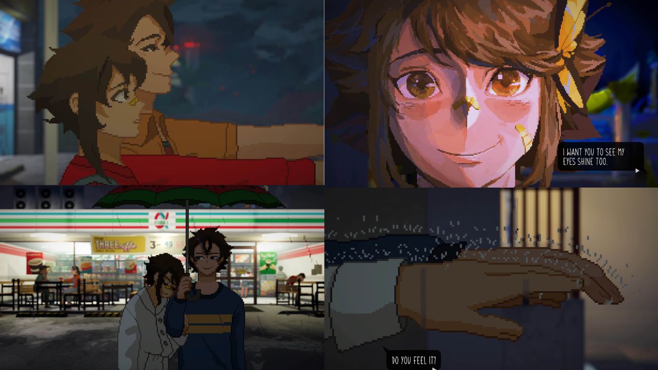 a collage of 4 images from Until Then; 1) Mark and Cath stand side by side in the rain with their arms outstretched. 2) Cathy smiles with text reading "I want you to see my eyes shine too". 3) Mark and Cathy stood under an umbrella outside a shop. 4) Cathy and Mark's hands in the rain with text "can you feel it?"