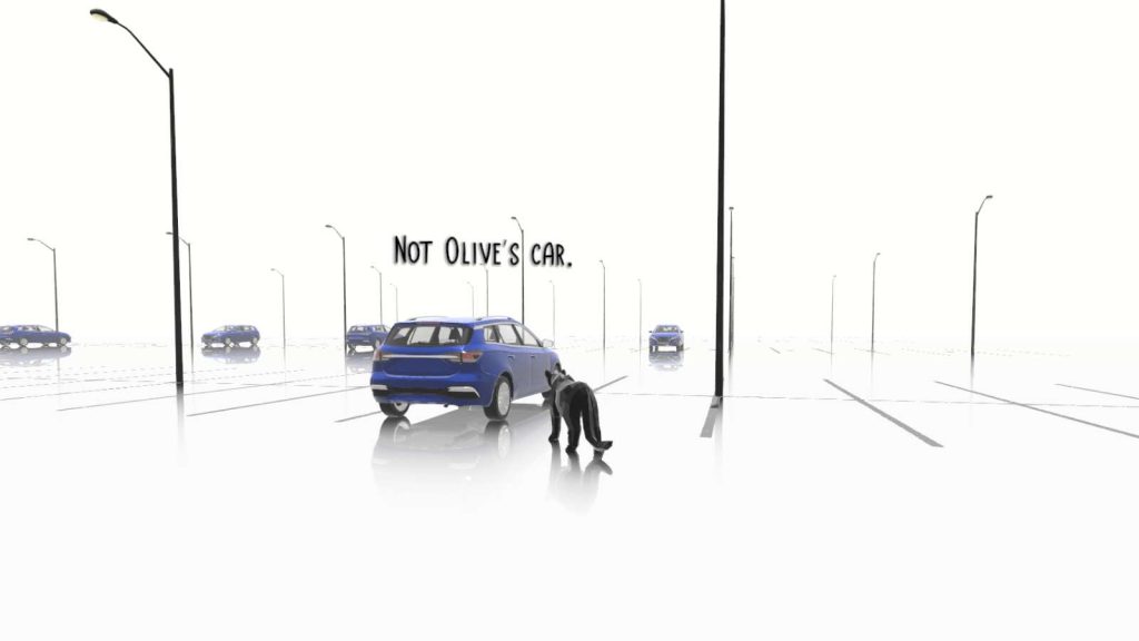 a panther walking through an empty car park with blue cars, with words above the cars reading "Not Olive's car."