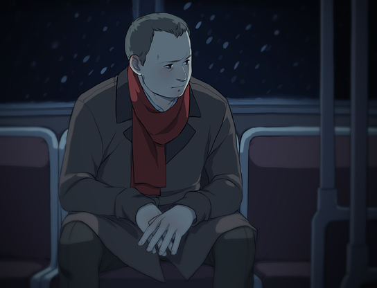 a man sitting in the dark on public transport wearing a red scarf and a brown jacket