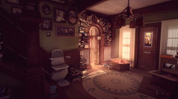 a sunlit room from What Remains of Edith Finch, with a stair lift 