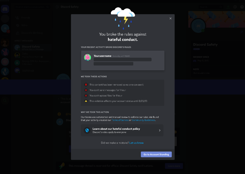 A screenshot showing an example of a user in Discord breaking the rules against Hateful Conduct, with actions following including removing content, temporarily banning messages and file uploads.