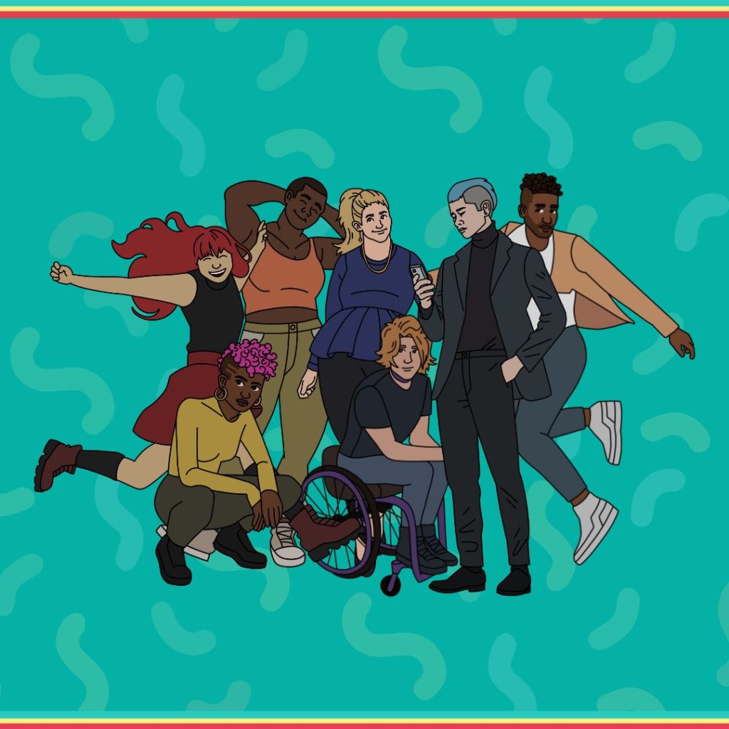 a group of Safe In Our World Characters standing/sitting/jumping together