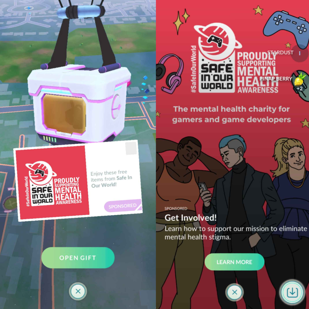 2 screenshots from pokemon go, one showing a Safe In Our World branded drop, and one showing more about SIOW