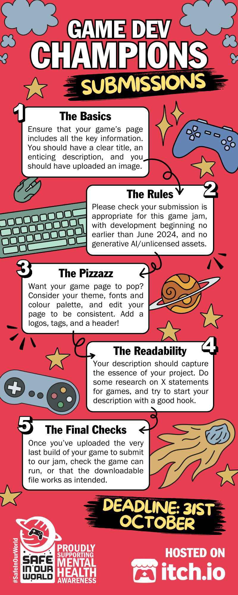 Game Dev Champions Submission Infographic with the following tips... The Basics: Ensure that your game’s page includes all the key information. You should have a clear title, an enticing description, and you should have uploaded an image. The Rules: Please check your submission is appropriate for this game jam, with development beginning no earlier than June 2024, and no generative AI/unlicensed assets. The Pizzazz: Want your game page to pop? Consider your theme, fonts and colour palette, and edit your page to be consistent. Add a logos, tags, and a header! The Readability: Your description should capture the essence of your project. Do some research on X statements for games, and try to start your description with a good hook. The Final Checks: Once you’ve uploaded the very last build of your game to submit to our jam, check the game can run, or that the downloadable file works as intended. Deadline: 31st October 2024. Safe In Our World, hosted by Itch.io.