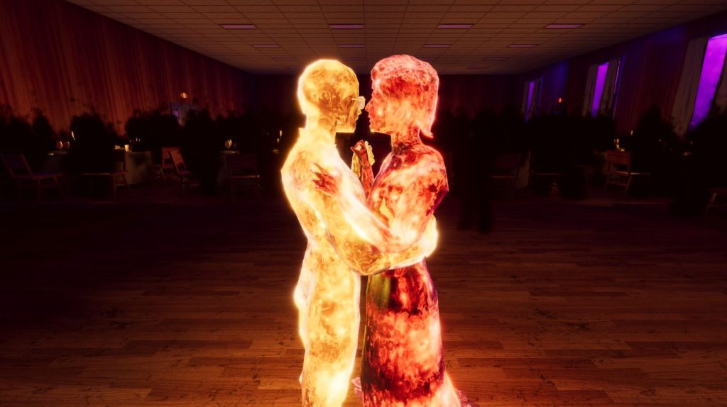 two shadows of characters dancing, one with yellow light and one with orange/red light