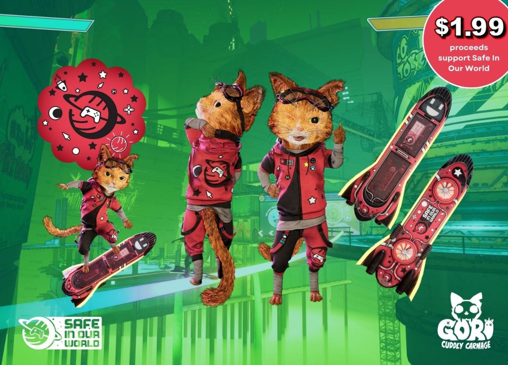 An image showing Gori (a ginger cat) from Gori: Cuddly Carnage, wearing a Safe In Our World themed hoody and trousers, with a hoverboard. The outfit pack will cost $1.99 with proceeds towards SIOW. 