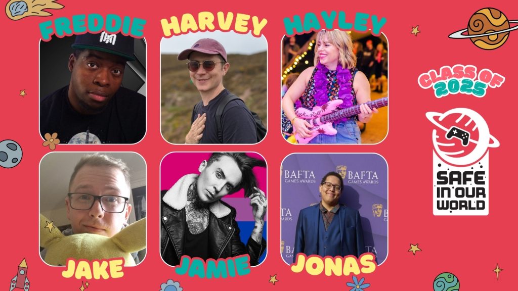 6 photos of people for the Ambassador Class of 2025 on a red/pink background, with their names in bubble style font. This one includes: Freddie, Harvey, Hayley, Jake, Jamie and Jonas