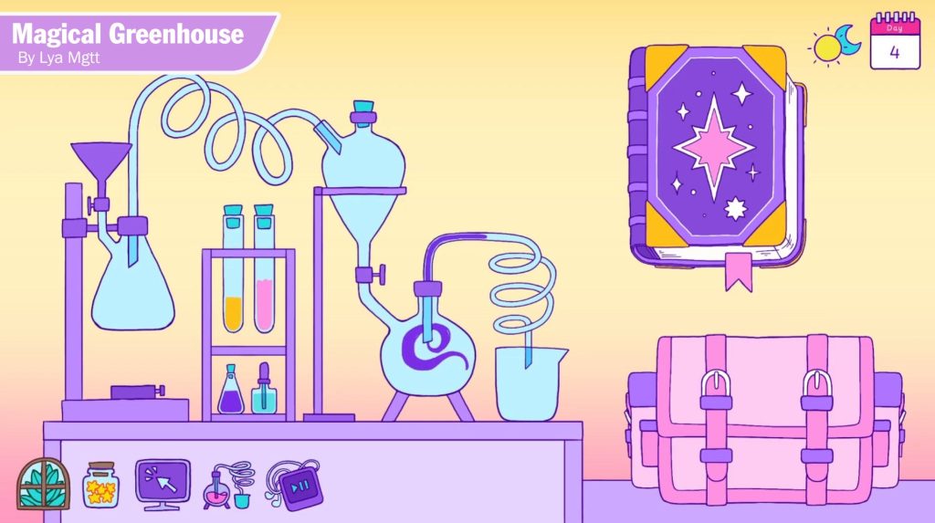 a screenshot from Magical Greenhouse showing a 2D illustrated laboratory with a potion swirling inside the test tubes