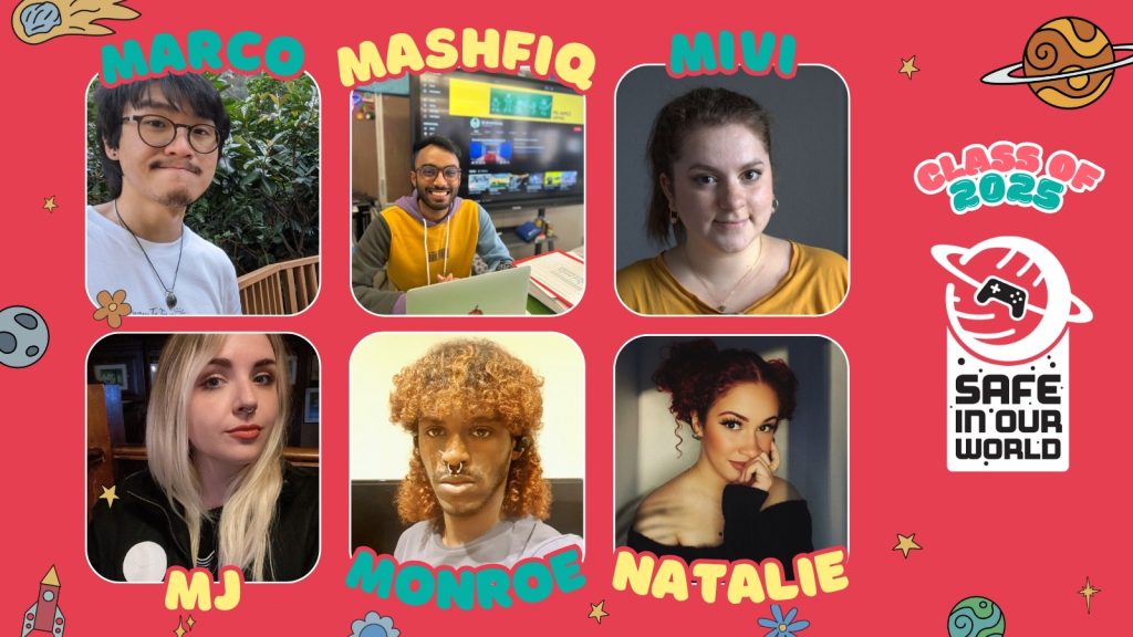 6 photos of people for the Ambassador Class of 2025 on a red/pink background, with their names in bubble style font. This one includes: Marco, Mashfiq, Mivi, Mj, Monroe and Natalie