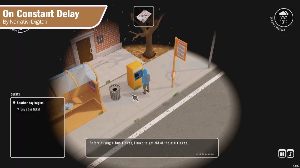 a screenshot showing On Constant Delay. There is a character stood in the rain with a blue hooded sweatshirt on, stood by a yellow bus stop and ticket booth
