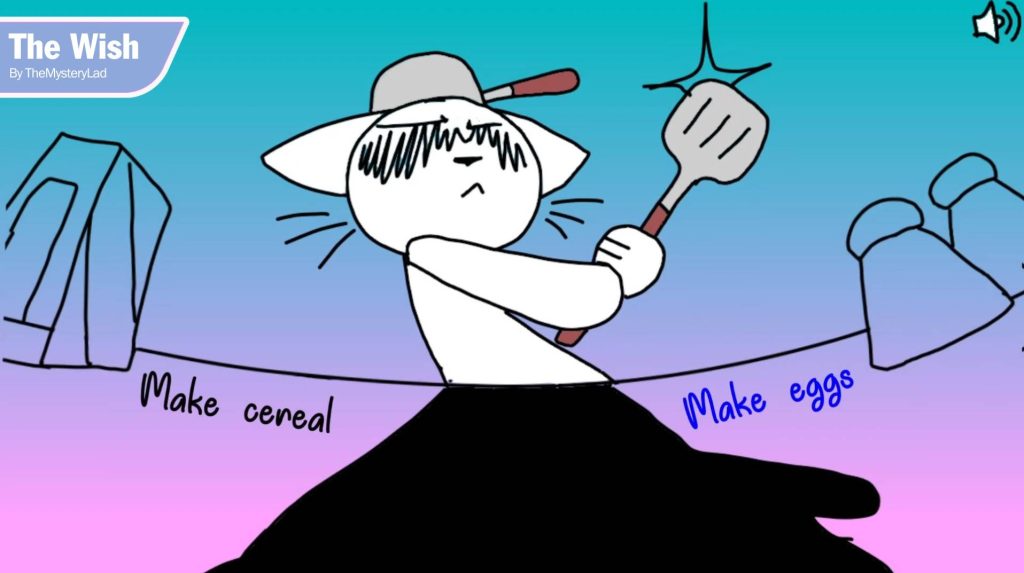 a screenshot from the wish showing a 2D illustration of a cat with a spatula in the kitchen, deciding whether to make eggs or cereal for breakfast