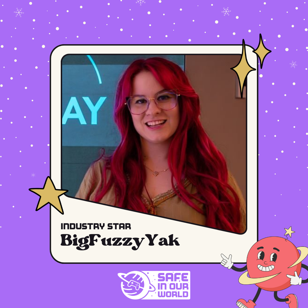 Image of BigFuzzyYak, industry star, with Safe In Our World logo, and small red planet with happy face.