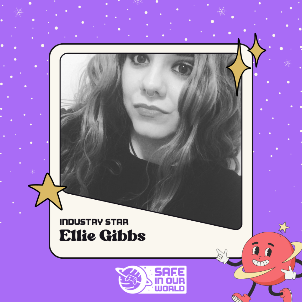 Image of Ellie Gibbs, industry star, with Safe In Our World logo, and small red planet with happy face.