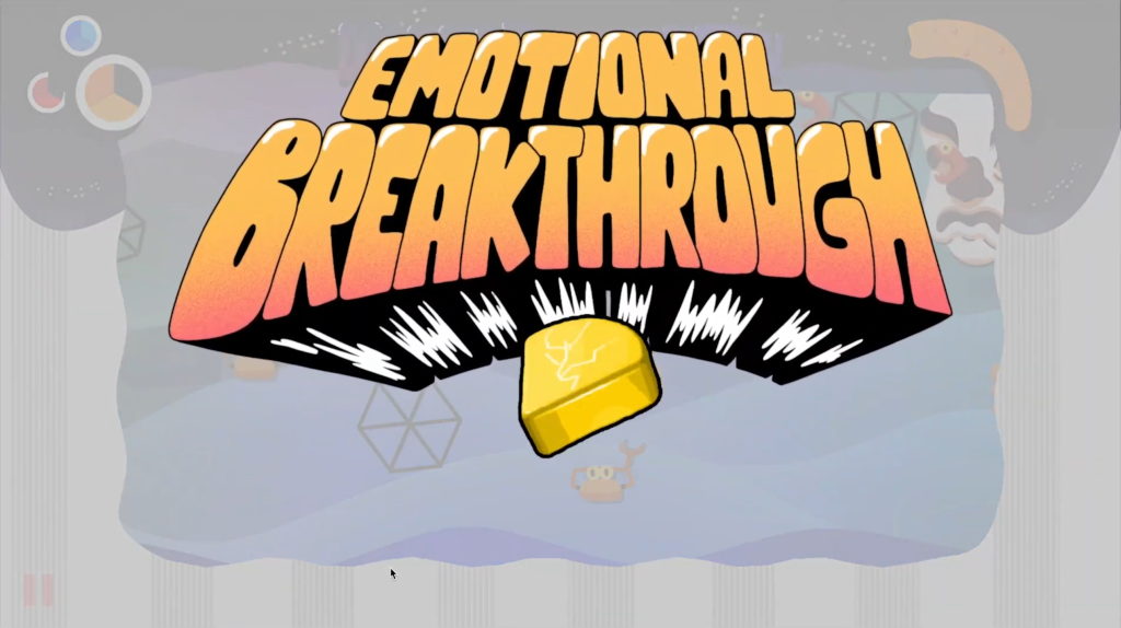 Screenshot from video game submission: Emotional Damage, with bold text reading "emotional breakthrough" in comic style.