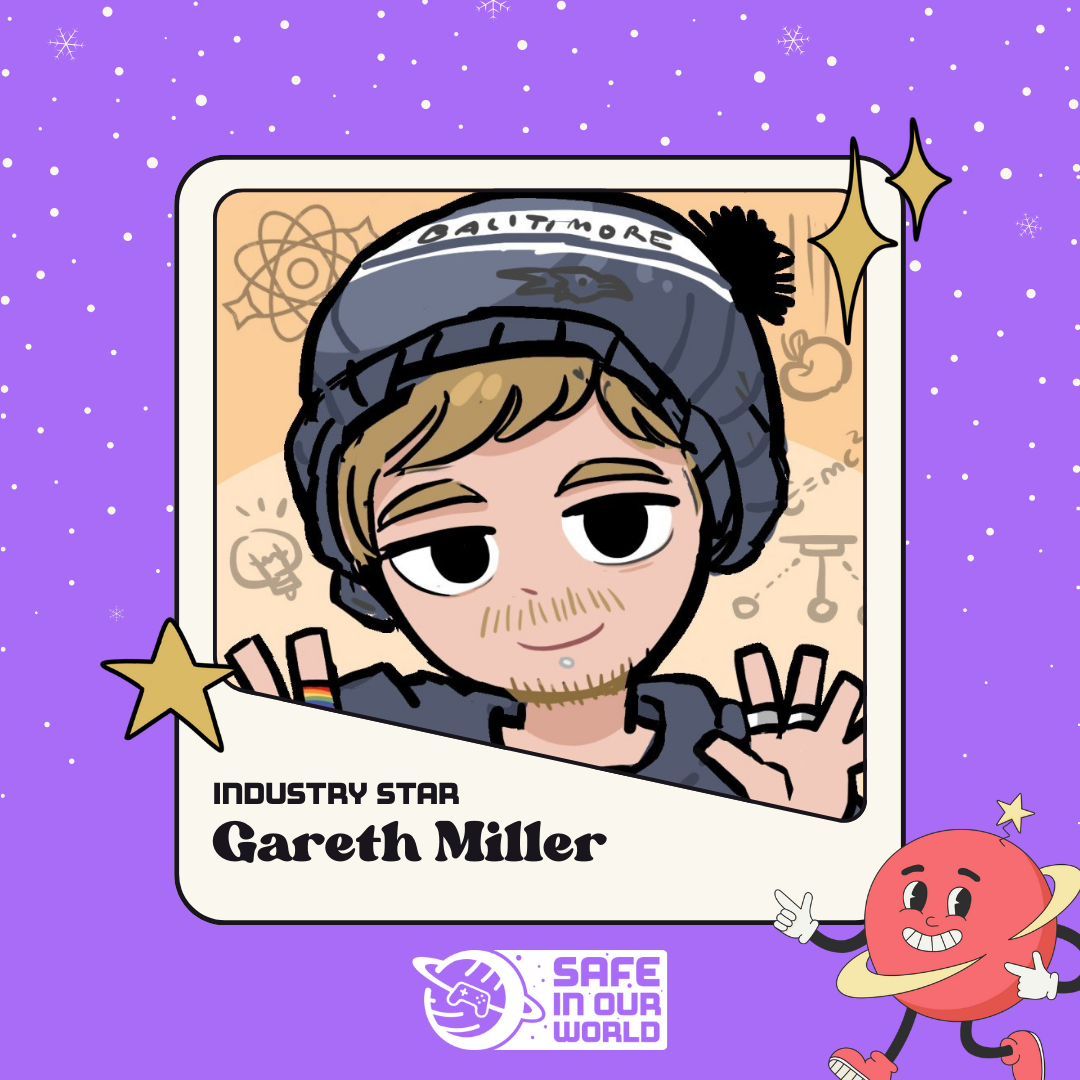 Image of Gareth Miller, industry star, with Safe In Our World logo, and small red planet with happy face.