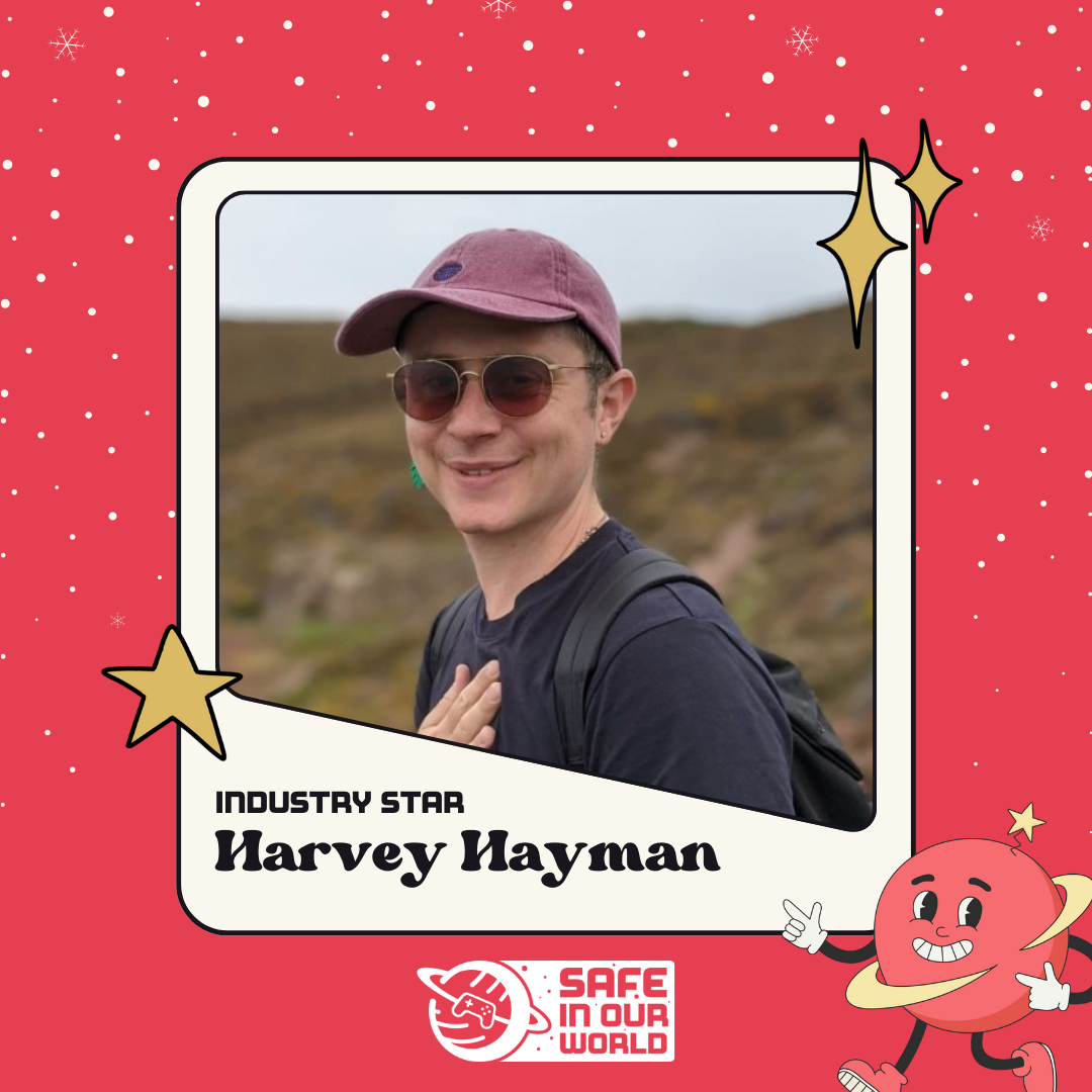 Image of Harvey Hayman, industry star, with Safe In Our World logo, and small red planet with happy face.